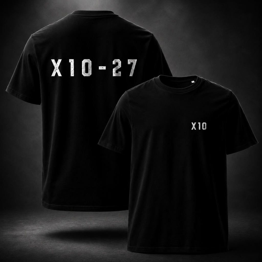 X10 2027 finisher's T-shirt Black X10 2027 organic cotton finisher's T-shirt with large X10-27 logo on the back and small X10 logo on the front.