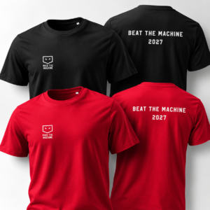 Race The Machine 2027 finisher's T-shirts in black and red, showing front chest logos and BEAT THE MACHINE 2027 back prints